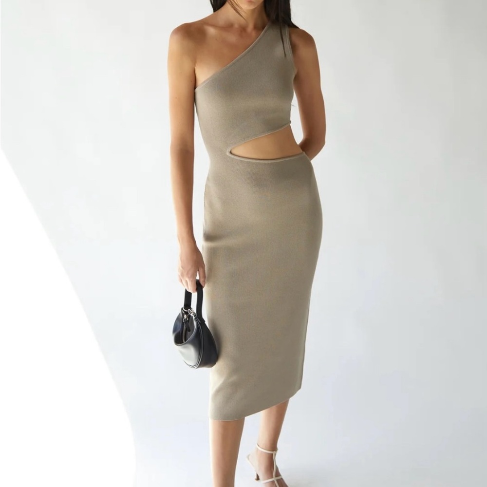 OAK + FORT One Shoulder Tan Dress